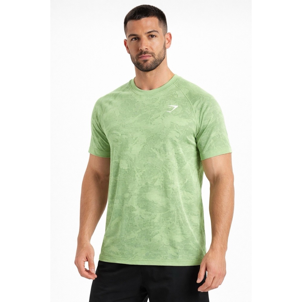 Gymshark L Green Camo Seamless T Shirt Athletic Gym Training Workout Top‎